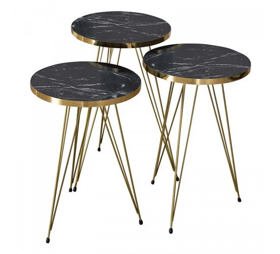 Βοηθητικά τραπέζια Sebastian σετ 3τεμ μαύρο μάρμαρου-χρυσό Υλικό: CHIPBOARD WITH MELAMINE COATING - METAL 120-000345