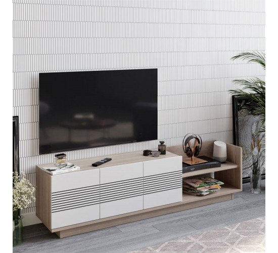 Έπιπλο τηλεόρασης Yubo λευκό-φυσικό 167,6x35x43εκ Υλικό: CHIPBOARD WITH MELAMINE 120-000359