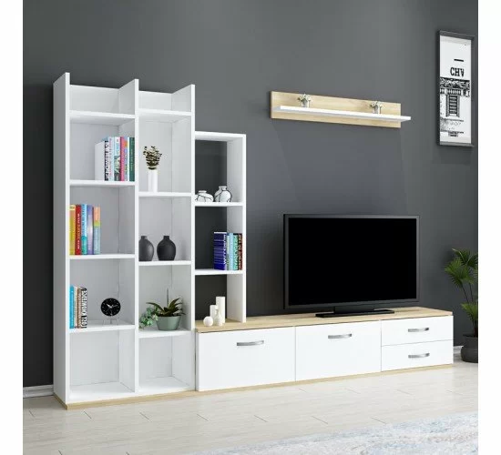 Σύνθεση σαλονιού Leman σε λευκή-oak απόχρωση 240x35x154εκ Υλικό: CLIPBOARD WITH MELAMINE 120-000488 Σύνθεση σαλονιού Leman σε λευκή-oak απόχρωση 240x35x154εκ Υλικό: CLIPBOARD WITH MELAMINE 120-000488