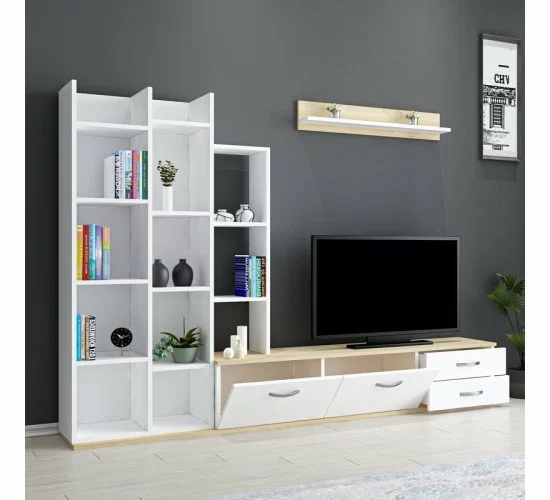 Σύνθεση σαλονιού Leman σε λευκή-oak απόχρωση 240x35x154εκ Υλικό: CLIPBOARD WITH MELAMINE 120-000488 Σύνθεση σαλονιού Leman σε λευκή-oak απόχρωση 240x35x154εκ Υλικό: CLIPBOARD WITH MELAMINE 120-000488