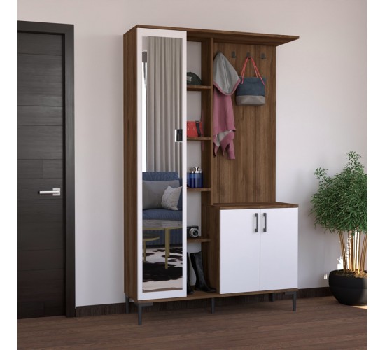 Έπιπλο εισόδου Melena με καθρέπτη-κρεμάστρα λευκό-καρυδί 120x37.5x199εκ Υλικό: MELAMINE CHIPBOARD - GLASS 120-000626