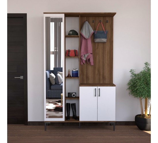 Έπιπλο εισόδου Melena με καθρέπτη-κρεμάστρα λευκό-καρυδί 120x37.5x199εκ Υλικό: MELAMINE CHIPBOARD - GLASS 120-000626