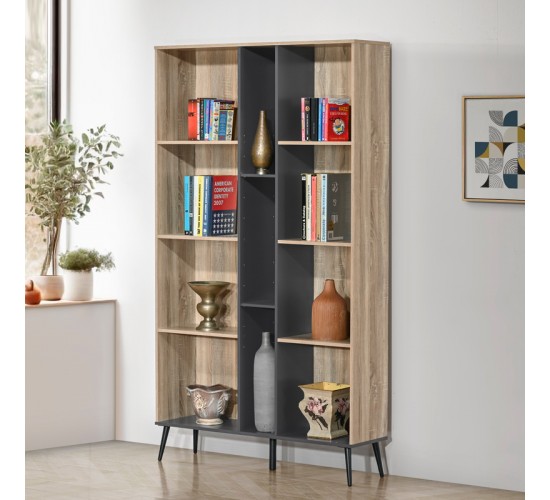 Βιβλιοθήκη Zezan σε sonoma-ανθρακί απόχρωση 114x30x200.5εκ Υλικό: CLIPBOARD 16MM & 18MM WITH 3D PAPER WOOD - MDF 123-000258