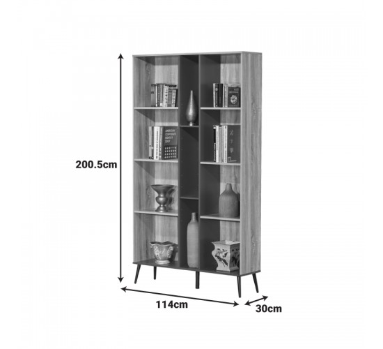 Βιβλιοθήκη Zezan σε sonoma-ανθρακί απόχρωση 114x30x200.5εκ Υλικό: CLIPBOARD 16MM & 18MM WITH 3D PAPER WOOD - MDF 123-000258