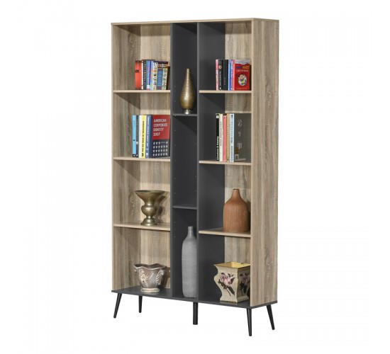 Βιβλιοθήκη Zezan σε sonoma-ανθρακί απόχρωση 114x30x200.5εκ Υλικό: CLIPBOARD 16MM & 18MM WITH 3D PAPER WOOD - MDF 123-000258