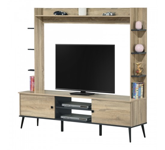 Σύνθετο σαλονιού Zezan σε sonoma-ανθρακί απόχρωση 182.5x40x162εκ Υλικό: CLIPBOARD WITH 3D PAPER WOOD - MDF 123-000260