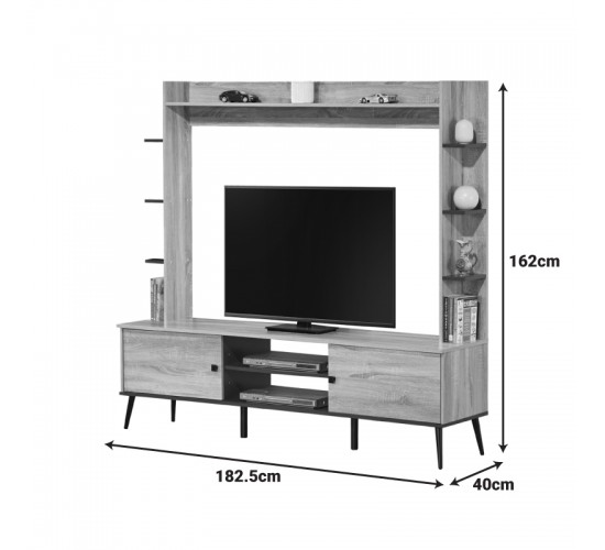 Σύνθετο σαλονιού Zezan σε sonoma-ανθρακί απόχρωση 182.5x40x162εκ Υλικό: CLIPBOARD WITH 3D PAPER WOOD - MDF 123-000260