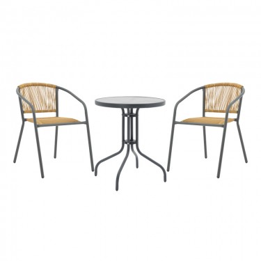 Tραπεζαρία Watson-Lindaria σετ 3τεμ μέταλλο ανθρακί-γυαλί- pe rattan σε φυσική απόχρωση Φ60x70εκ Υλικό: METAL - GLASS - pe rattan 130-000133