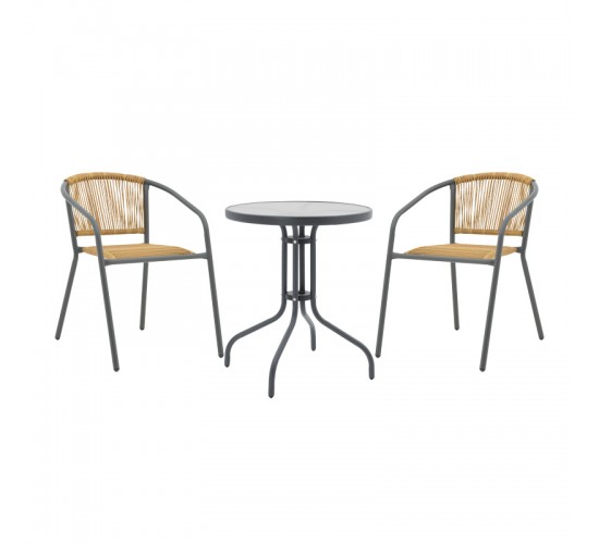 Tραπεζαρία Watson-Lindaria σετ 3τεμ μέταλλο ανθρακί-γυαλί- pe rattan σε φυσική απόχρωση Φ60x70εκ Υλικό: METAL - GLASS - pe rattan 130-000133