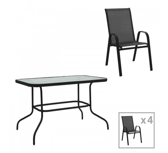 Τραπεζαρία Valor-Calan σετ 5τεμ μέταλλο μαύρο-γυαλί-textilene μαύρο 110x60x70εκ Υλικό: METAL D: 24MM - GLASS 130-000150