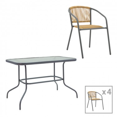 Τραπεζαρία Valor-Lindaria σετ 5τεμ μέταλλο ανθρακί-γυαλί-pe rattan σε φυσική απόχρωση 110x60x70εκ Υλικό: METAL D: 24MM - GLASS 130-000156