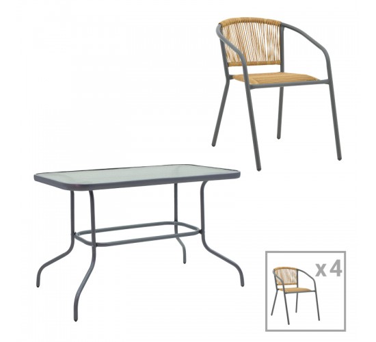 Τραπεζαρία Valor-Lindaria σετ 5τεμ μέταλλο ανθρακί-γυαλί-pe rattan σε φυσική απόχρωση 110x60x70εκ Υλικό: METAL D: 24MM - GLASS 130-000156