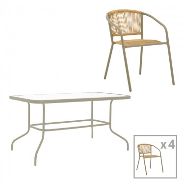Τραπεζαρία Valor-Lindaria σετ 5τεμ μέταλλο σε σαμπανιζέ και pe rattan σε φυσική απόχρωση 110x60x70εκ Υλικό: METAL D: 24MM - GLASS 130-000176