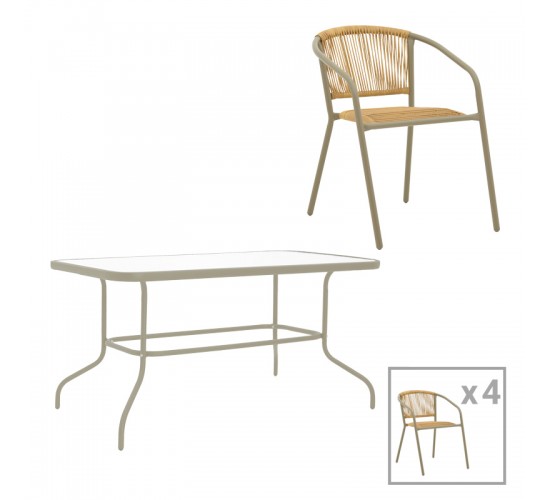 Τραπεζαρία Valor-Lindaria σετ 5τεμ μέταλλο σε σαμπανιζέ και pe rattan σε φυσική απόχρωση 110x60x70εκ Υλικό: METAL D: 24MM - GLASS 130-000176
