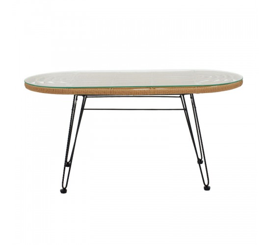 Τραπέζι Naoki μέταλλο μαύρο-pe φυσικό-γυαλί 100x45x46εκ Υλικό: METAL - GLASS - PE RATTAN 140-000005