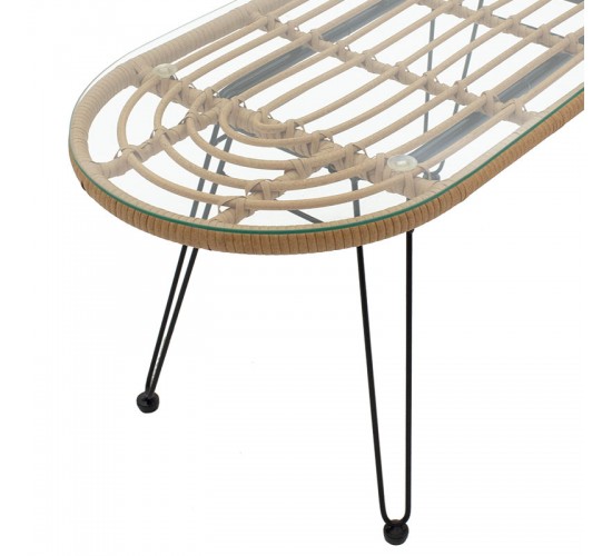 Τραπέζι Naoki μέταλλο μαύρο-pe φυσικό-γυαλί 100x45x46εκ Υλικό: METAL - GLASS - PE RATTAN 140-000005