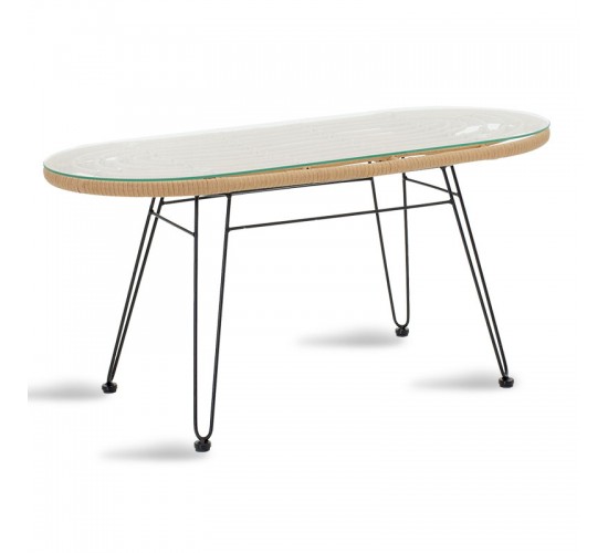 Τραπέζι Naoki μέταλλο μαύρο-pe φυσικό-γυαλί 100x45x46εκ Υλικό: METAL - GLASS - PE RATTAN 140-000005