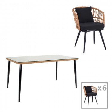 Τραπεζαρία Naoki σετ 7 τεμ μέταλλο μαύρο-pe φυσικό-γυαλί 160x90x78εκ Υλικό: METAL-GLASS- PE RATTAN 140-000063