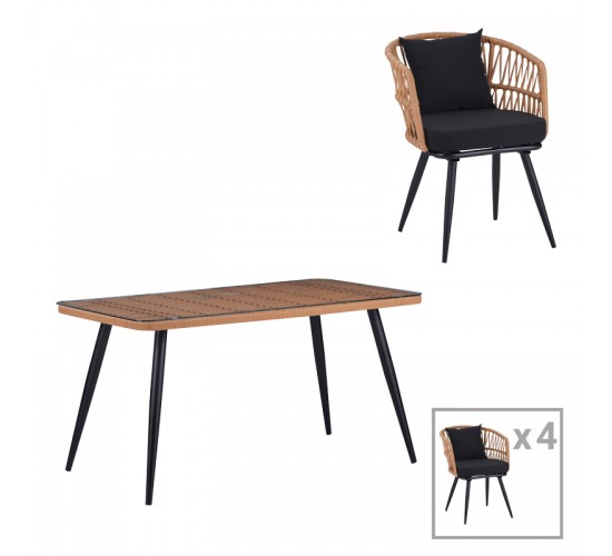 Τραπεζαρία Naoki σετ 5 τεμ γυάλινο- pe rattan σε φυσική απόχρωση με μαυρα πόδια 140x80x78εκ Υλικό: METAL-GLASS- PE RATTAN 140-000064