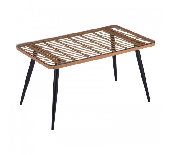 Τραπεζαρία Naoki σετ 5 τεμ γυάλινο- pe rattan σε φυσική απόχρωση με μαυρα πόδια 140x80x78εκ Υλικό: METAL-GLASS- PE RATTAN 140-000064