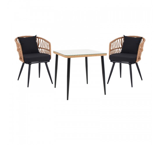 Τραπεζαρία Naoki σετ 3 τεμ μέταλλο μαύρο-pe φυσικό-γυαλί 80x80x78εκ Υλικό: METAL - GLASS - PE RATTAN 140-000065