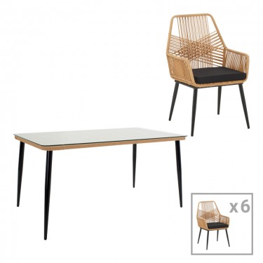 Τραπεζαρία Naoki-Tanish σετ 7τεμ μέταλλο μαύρο-pe φυσικό-γυαλί 160x90x78εκ Υλικό: METAL-GLASS- PE RATTAN 140-000066
