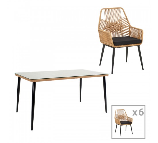 Τραπεζαρία Naoki-Tanish σετ 7τεμ μέταλλο μαύρο-pe φυσικό-γυαλί 160x90x78εκ Υλικό: METAL-GLASS- PE RATTAN 140-000066