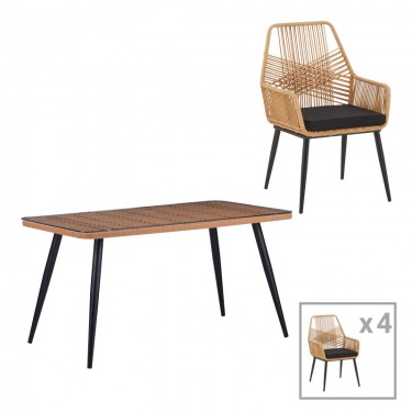 Τραπεζαρία Naoki-Tanish σετ 5 τεμ γυάλινο- pe rattan σε φυσική απόχρωση με μαυρα πόδια 140x80x78εκ Υλικό: METAL-GLASS- PE RATTAN 140-000067