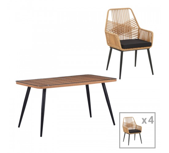 Τραπεζαρία Naoki-Tanish σετ 5 τεμ γυάλινο- pe rattan σε φυσική απόχρωση με μαυρα πόδια 140x80x78εκ Υλικό: METAL-GLASS- PE RATTAN 140-000067