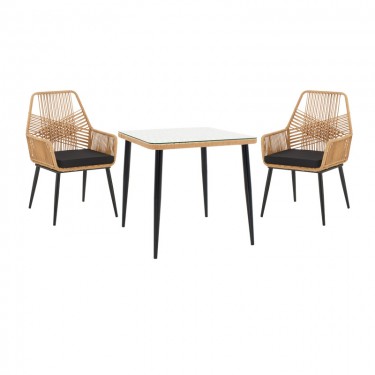 Τραπεζαρία Naoki-Tanish σετ 3 τεμ μέταλλο μαύρο-pe φυσικό-γυαλί 80x80x78εκ Υλικό: METAL - GLASS - PE RATTAN 140-000068