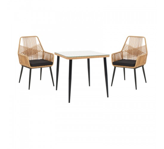 Τραπεζαρία Naoki-Tanish σετ 3 τεμ μέταλλο μαύρο-pe φυσικό-γυαλί 80x80x78εκ Υλικό: METAL - GLASS - PE RATTAN 140-000068