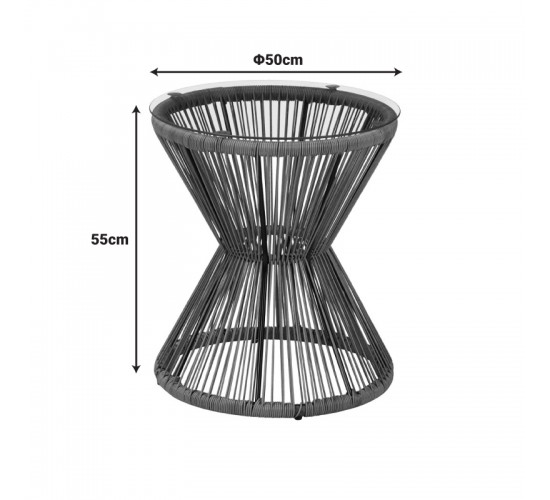 Τραπέζι Mabil γυαλί - pe rattan σε γκρι απόχρωση Φ50x55εκ Υλικό: METAL - GLASS - PE RATTAN 140-000069