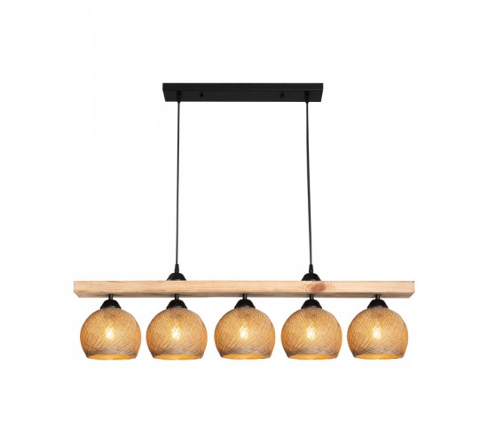 Φωτιστικό οροφής πεντάφωτο Salote Ε27 σε καφέ-φυσική απόχρωση 100x18x24εκ Υλικό: WOOD & ROPE 147-000197