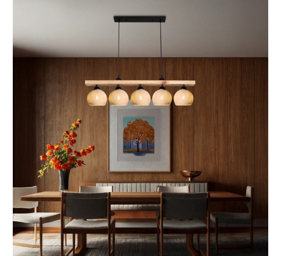 Φωτιστικό οροφής πεντάφωτο Salote Ε27 σε καφέ-κρέμα απόχρωση 100x18x24εκ Υλικό: WOOD & ROPE 147-000199