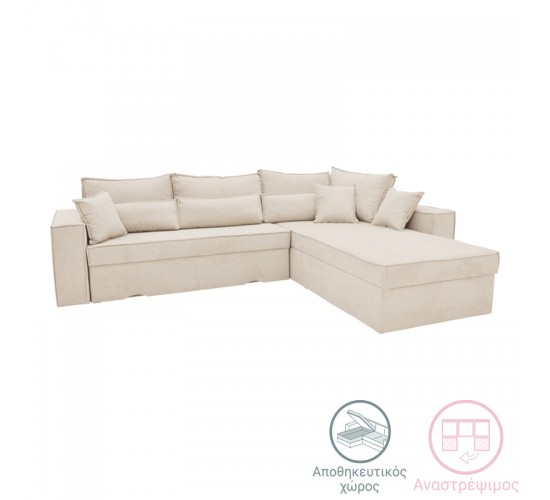 Γωνιακός καναπές-κρεβάτι αναστρέψιμος Venzie ύφασμα σε μπεζ απόχρωση 283x214x83εκ Υλικό: SOLID WOOD. MDF. FABRIC 166-000028