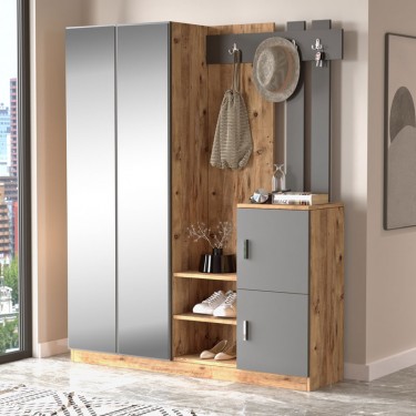 Έπιπλο εισόδου Doorse μελαμίνης ανθρακί-oak 147.5x35x180εκ Υλικό: Melamine Chipboard - Glass 176-000129