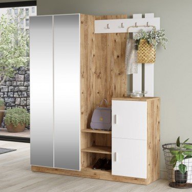 Έπιπλο εισόδου Doorse μελαμίνης λευκό-oak 147.5x35x180εκ Υλικό: Melamine Chipboard - Glass 176-000130