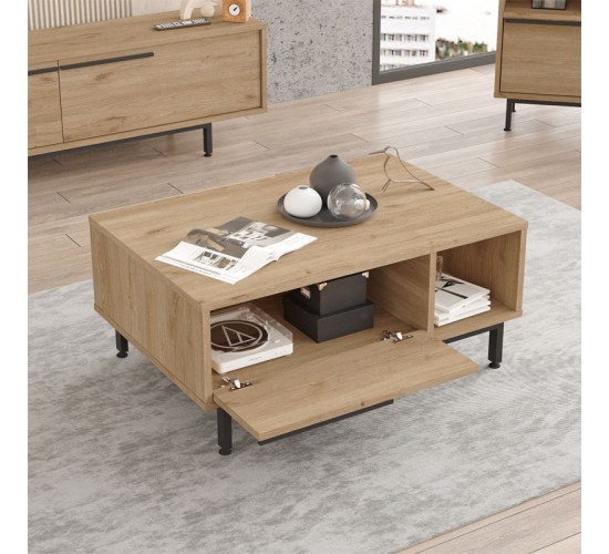 Τραπέζι σαλονιού Frixton μελαμίνης φυσικό-μαύρο 90x60x37.5εκ Υλικό: Melamine Chipboard - Iron 176-000138