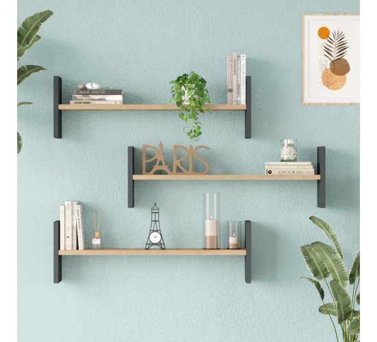 Ραφιέρα τοίχου Mento oak με ανθρακί 75,6x14,5x23,6εκ Υλικό: 18mm Melamine Particleboard 176-000236