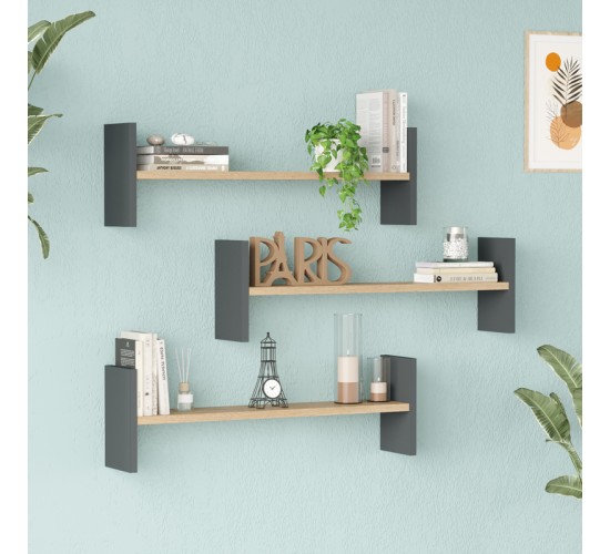 Ραφιέρα τοίχου Mento oak με ανθρακί 75,6x14,5x23,6εκ Υλικό: 18mm Melamine Particleboard 176-000236