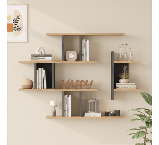 Ραφιέρα τοίχου Ledia oak με ανθρακί 110,6x14,5x78εκ Υλικό: 18mm Melamine Particleboard 176-000238