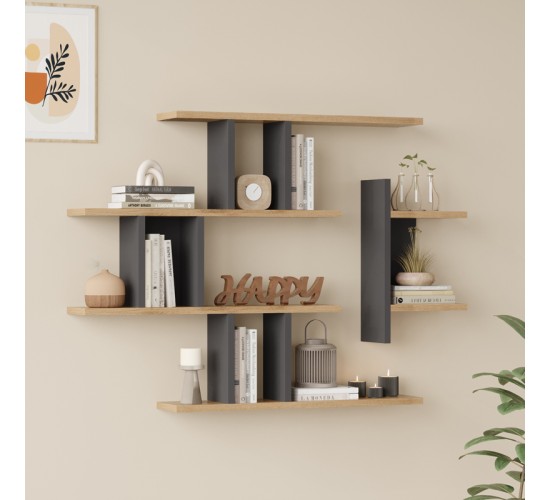 Ραφιέρα τοίχου Ledia oak με ανθρακί 110,6x14,5x78εκ Υλικό: 18mm Melamine Particleboard 176-000238