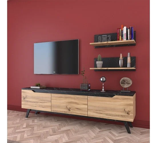 Σύνθετο σαλονιού Kasia pakoworld oak-μαύρο μαρμάρου 180x35x48,5εκ Σύνθετο σαλονιού Kasia pakoworld oak-μαύρο μαρμάρου 180x35x48,5εκ