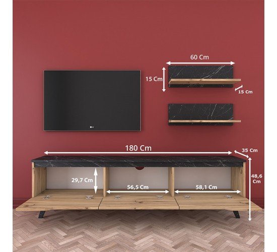 Σύνθετο σαλονιού Kasia pakoworld oak-μαύρο μαρμάρου 180x35x48,5εκ