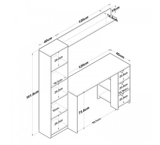 Γραφείο με βιβλιοθήκη Goldie ανθρακί-φυσικό 160x45x161.8εκ Υλικό: CLIPBOARD 18MM WITH MELAMINE 18mm 182-000048