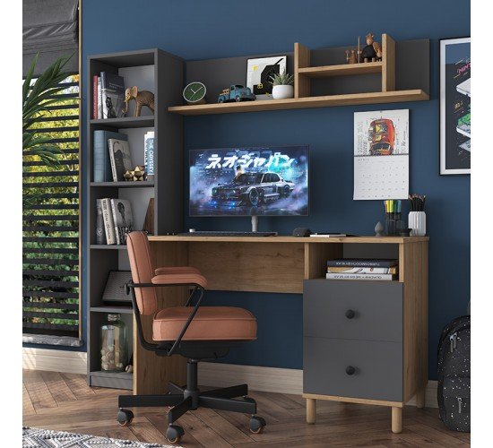 Γραφείο με βιβλιοθήκη Goldie ανθρακί-φυσικό 160x50x161.8εκ Υλικό: CLIPBOARD 18MM WITH MELAMINE 18mm 182-000060 Γραφείο με βιβλιοθήκη Goldie ανθρακί-φυσικό 160x50x161.8εκ Υλικό: CLIPBOARD 18MM WITH MELAMINE 18mm 182-000060