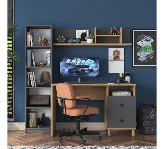 Γραφείο με βιβλιοθήκη Goldie ανθρακί-φυσικό 160x50x161.8εκ Υλικό: CLIPBOARD 18MM WITH MELAMINE 18mm 182-000060 Γραφείο με βιβλιοθήκη Goldie ανθρακί-φυσικό 160x50x161.8εκ Υλικό: CLIPBOARD 18MM WITH MELAMINE 18mm 182-000060