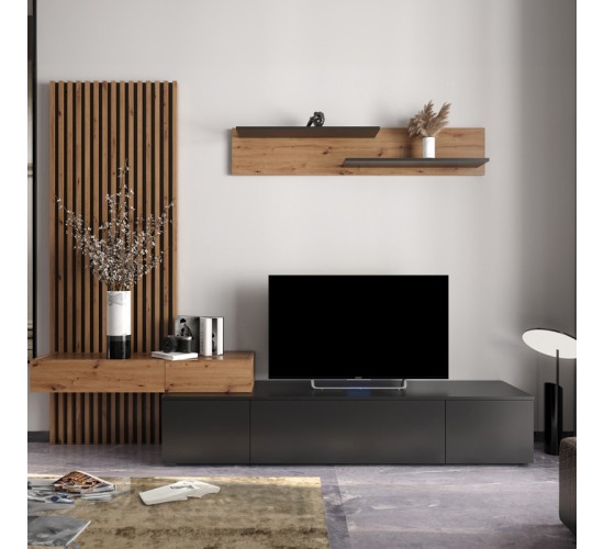 Σύνθετο σαλονιού Litende μαύρο-sonoma μελαμίνης 249.5x42x199.5εκ Υλικό: CHIPBOARD MELAMINE 192-000033 Σύνθετο σαλονιού Litende μαύρο-sonoma μελαμίνης 249.5x42x199.5εκ Υλικό: CHIPBOARD MELAMINE 192-000033