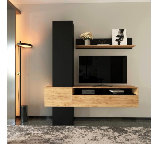 Σύνθετο σαλονιού Wendy σε oak-μαύρη απόχρωση 195.1x37.3x219.1εκ Υλικό: CHIPBOARD MELAMINE 192-000046