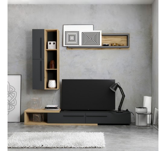 Σύνθετο σαλονιού Calvados σε oak-ανθρακί απόχρωση Υλικό: CHIPBOARD MELAMINE 192-000048